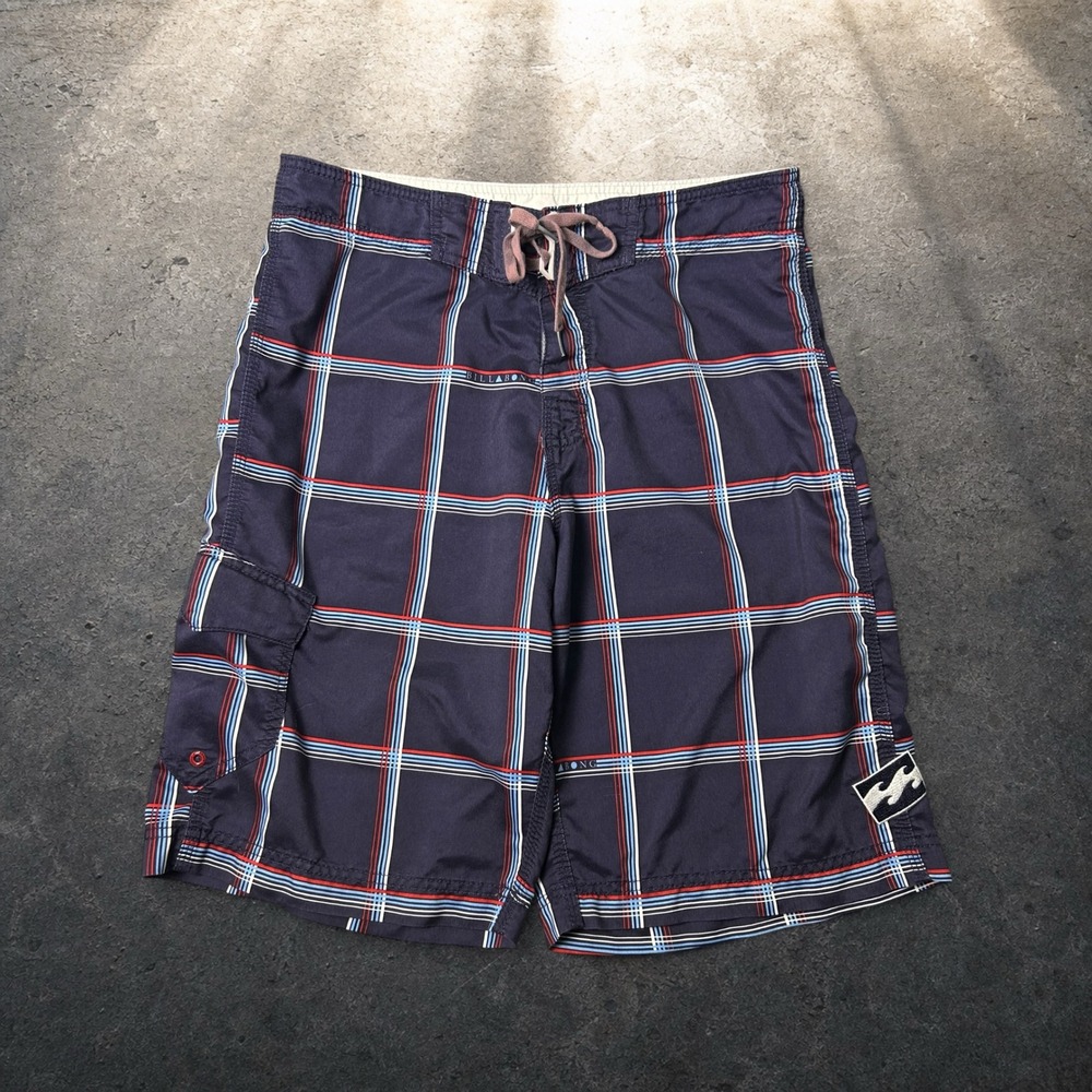 Billabong Plaid Board Shorts Navy Blue Red White Skater Y2K Vintage Size 32